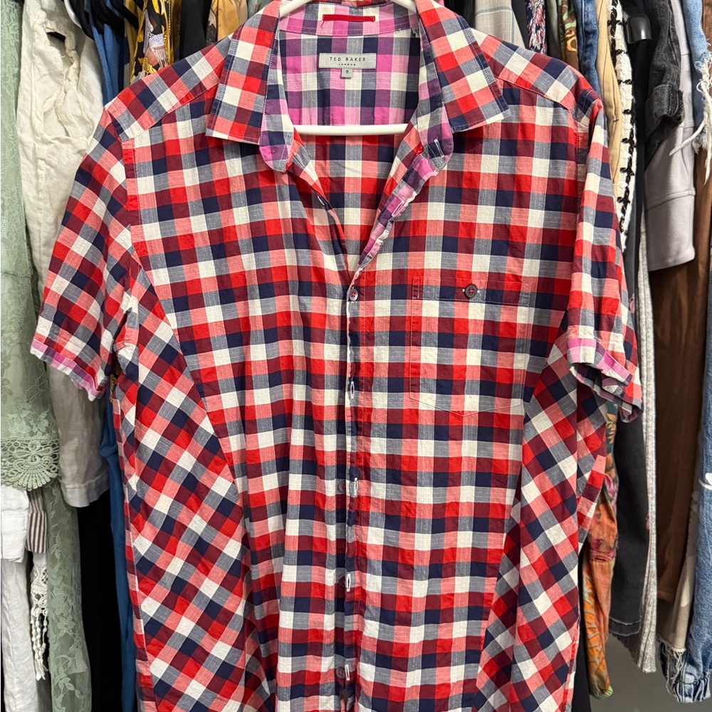 Ted Baker Red, Blue & White Plaid Short-Sleeve Button-Down